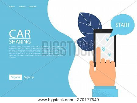 Car Sharing Service Concept. Carsharing Renting Car Mobile App. Hand Holding Smartphone With Share A