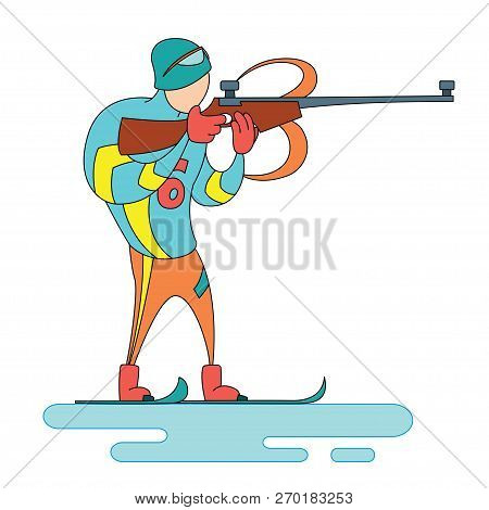 Shooting Biathlete. An Athlete With A Rifle On Skis. Winter Games Vector Illustration.