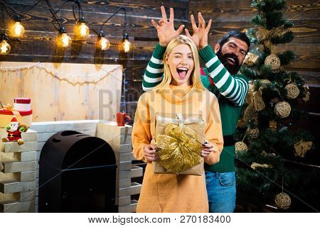 Gift Emotions, New Year Gift Box. Wish You Merry Christmas. New Year