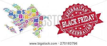 Black Friday Collage Of Mosaic Map Of Azerbaijan And Grunge Stamp Seal. Vector Red Seal With Grunge 