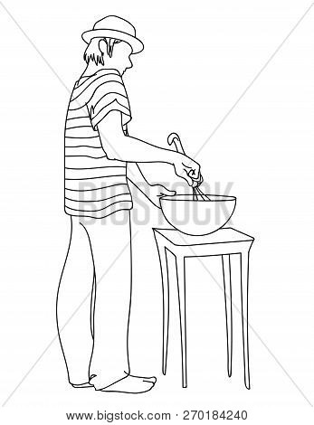 Young Man In Hat And Striped T-shirt Prepares Food. Guy Standing, Stirring Ingredients In Bowl. Vect
