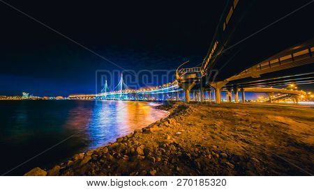 Saint-petersburg, Russia - November 21, 2018: Time Lapse Evening Highway, Western High-speed Diamete