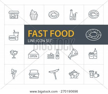 Fast Food Line Icon Set. Cupcake, Sausage, Fish. Eating Concept. Can Be Used For Topics Like Menu, C
