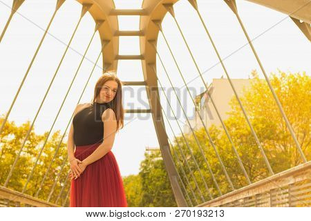 Young Slim Woman With Long Brown Hair Dancing