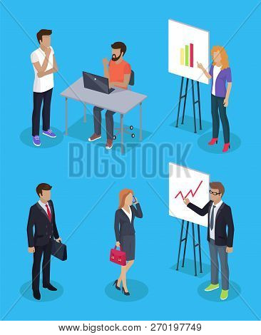 Businessman And Secretary Woman Set Of Working People 3d Isometric. Developer Using Laptop Presenter