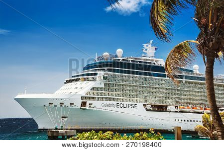 Willemstad, Curacao - April 10, 2018:  Cruise Ship Celebrity Eclipse Docked At Port Willemstad. The 