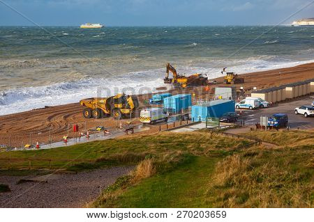 Seaford, England - 7 November, 2018. View Of Sea From Seaford Beach, Rough Sea, Diggers On The Coast
