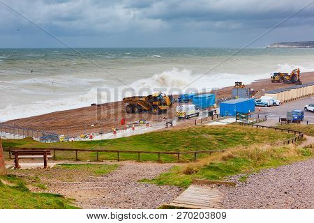 Seaford, England - 7 November, 2018. View Of Sea From Seaford Beach, Rough Sea, Diggers On The Coast