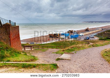 Seaford, England - 7 November, 2018. View Of Sea From Seaford Beach, Rough Sea, Diggers On The Coast