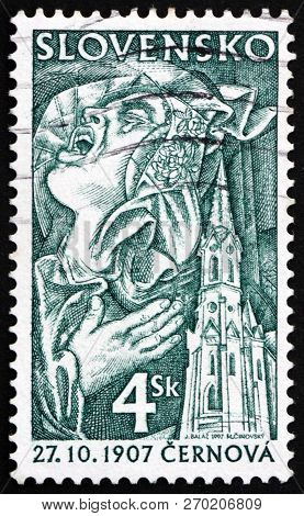 Slovakia - Circa 1997: A Stamp Printed In Slovakia Shows Lamenting Woman And Church, Cernova, Circa 