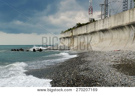 Breakwater Wall On The Black Sea On A Cloudy Day
