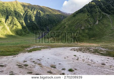 Terek River And Mineral Springs In Thurso Mountain Valley. Georgia, Europe