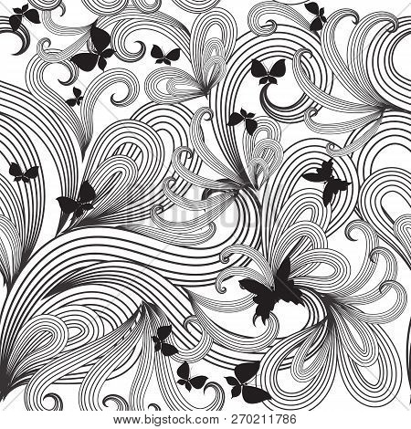 Fantasy Black And White Vector Seamless Pattern. Hand Drawn Vint