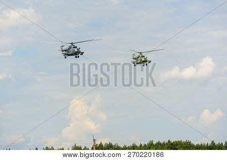 Tyumen, Russia - June 21, 2017: Army Games. Safe Route Contest. Pair Of Military Helicopter Mi-8 In 
