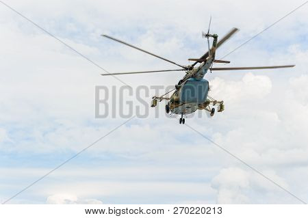 Tyumen, Russia - June 21, 2017: Army Games. Safe Route Contest. Military Helicopter Mi-8 In The Clou