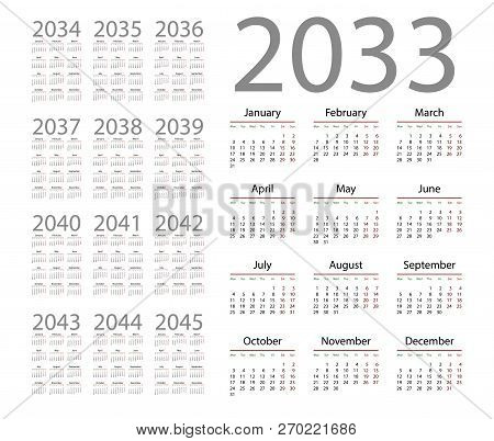 Simple Calendar 2033 On White Background. Vector Illustration