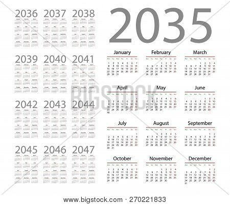 Simple Calendar 2035 On White Background. Vector Illustration