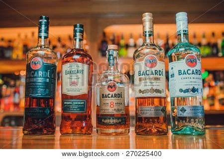 Ufa, Russia, Darling Bar, 20 November, 2018: Bacardi Superior Carta Blanca And Carta Negra Rum Bottl