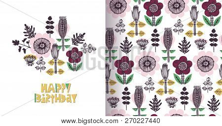 Happy Birthday Floral Card In Scandinavian Style. Yllow, Pink, Red, Green. Paper Cut Lettering
