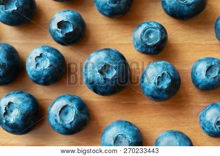Fresh Blueberry On A Wooden Table. Top View. Fresh Bilberry Closeup. Flat Lay View. Stock Image.
