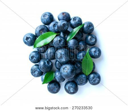 Blueberries Pile Isolated On White Background. Fresh Bilberry Closeup. Flat Lay Top View. Stock Imag