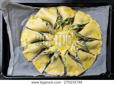 Raw Pie With Cheese And Greens On A Tray. Closeup View. Stock Image.