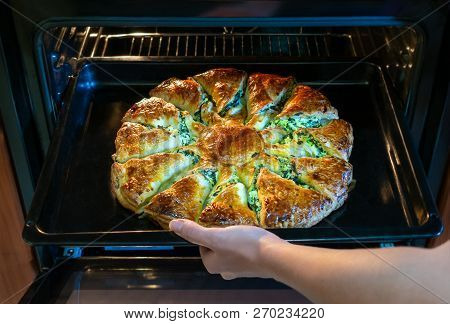 Hand Of Woman Takes Out Of Stove A Tray With Cheese Pie. Homemade Cake Closeup View. Stock Image.