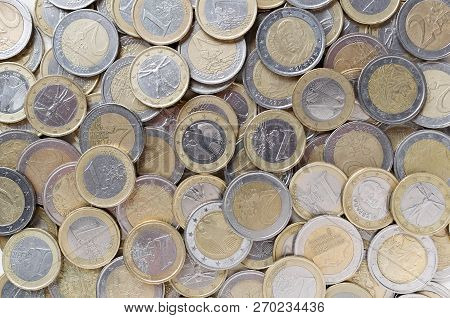 Euro Coins Background. European Money. Flatlay Top View. Stock Image.