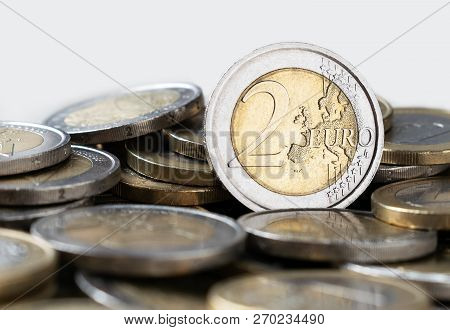 Euro Coin With A Face Value Of Two Euros Closeup. Stock Image.