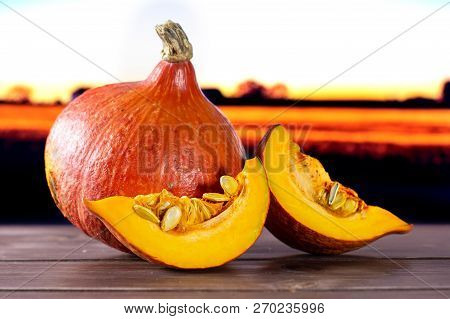 Group Of One Whole Two Slices Of Fresh Red Kuri Pumpkin Hokkaido Variety With Autumn Field And Sunse