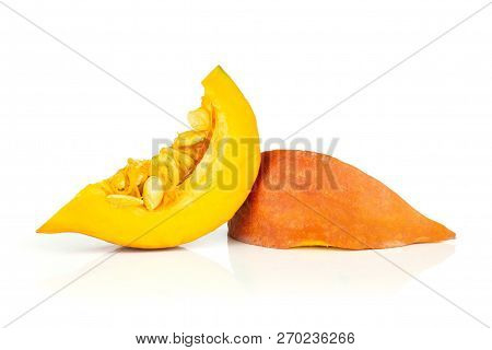 Group Of Two Slices Of Fresh Red Kuri Pumpkin Hokkaido Variety With Seeds Isolated On White Backgrou