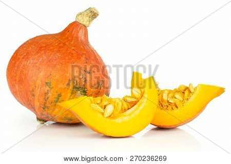 Group Of One Whole Two Slices Of Fresh Red Kuri Pumpkin Hokkaido Variety Isolated On White Backgroun