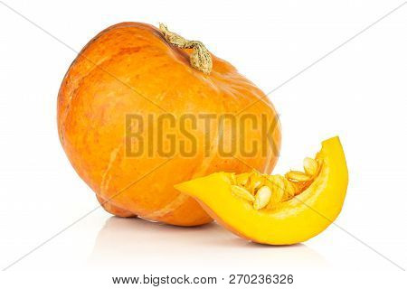 Group Of One Whole One Slice Of Ripe Fresh Red Kuri Pumpkin Hokkaido Variety Isolated On White Backg