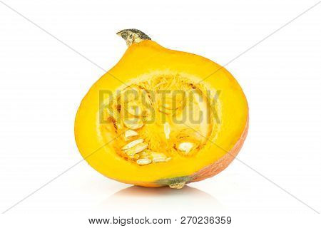 One Half Of Fresh Red Kuri Pumpkin Hokkaido Variety Cross Section Isolated On White Background