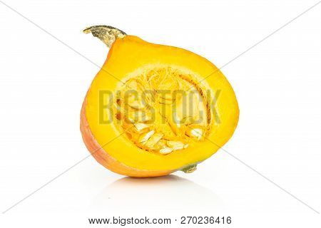 One Half Of Fresh Red Kuri Pumpkin Hokkaido Variety Cross Section With Seeds Isolated On White Backg