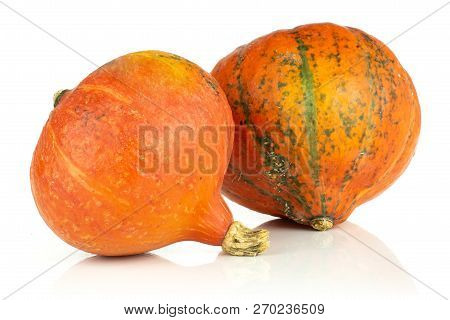 Group Of Two Whole Fresh Red Kuri Pumpkin Hokkaido Variety Isolated On White Background