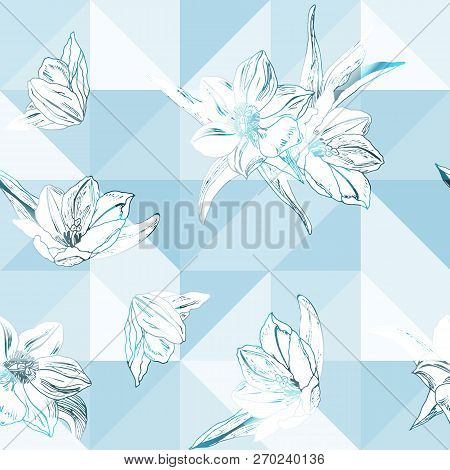 Seamless Pattern With Tulips On Triangulated Background. Vector Illustration