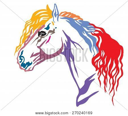 Colorful Decorative Portrait In Profile Of Beautiful Friesian Horse With Long Mane, Vector Illustrat
