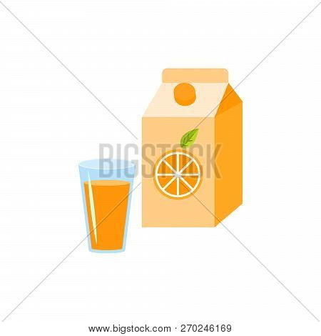 Orange Juice In The Glass And Box Package Isolated On White Vector Illustration.