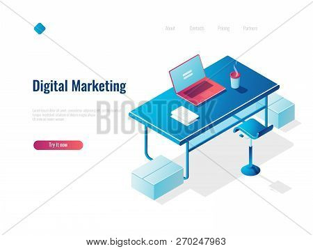 Digital Marketing Isometric Concept Employment, Office Workplace, Workspace, Table With Open Laptop,