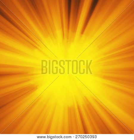 Background With Abstract Explosion Or Hyperspeed Warp Sun God Rays. Bright Orange Yellow Light Strip