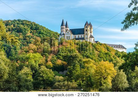 Monastery Arnstein With River Lahn In The Foreground On A Beautiful Day In Autuum