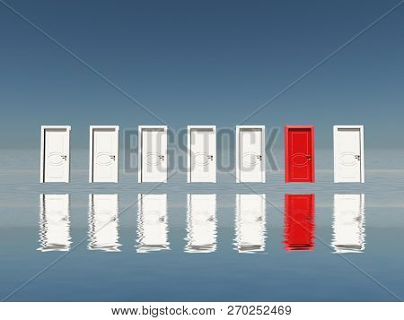 Surreal digital art. Make a Choice. Seven white door with one red door. 3D rendering