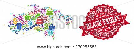 Black Friday Composition Of Mosaic Map Of Saint John Island And Grunge Seal. Vector Red Seal With Co