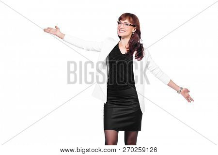 A portrait of a beautiful woman wearing classic clothes and posing over the white background in the studio. Beauty, fashion, business.