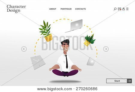 Happy Employee Parcticates Meditation And Relieves Stress. Boss Character Doing Yoga In Lotus Positi