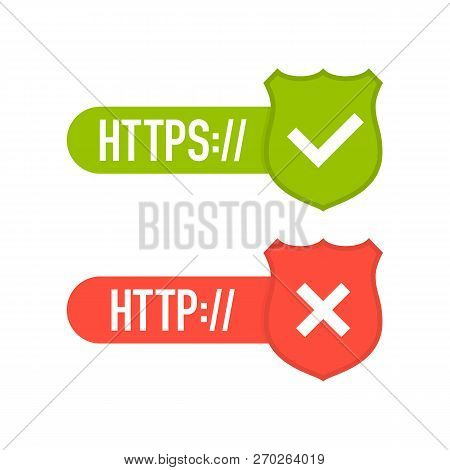 Http And Https Protocols On Shield, On White Background. Vector Stock Illustration