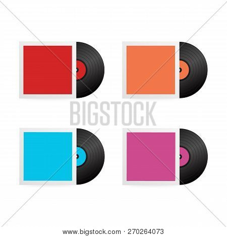 Set Realistic Vinyl Record With Cover Mockup. Disco Party. Retro Design. Vector Stock Illustration.