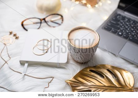Lady Bloggers White Work Space With Gold Details, Laptop And Cof