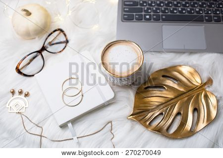 Lady Bloggers White Work Space With Gold Details, Laptop And Cof